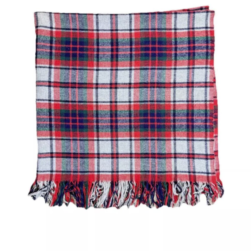 Vintage Fringe Throw Blanket Lightweight Quilt Bedding Plaid Red Gray Blue Green